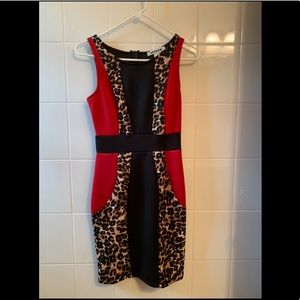 Dress with colored blocks: black, red and cheetah
